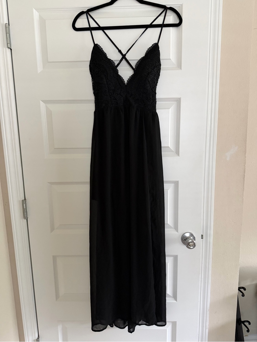 Black Lace Bodice Maxi Dress with Crisscross Straps